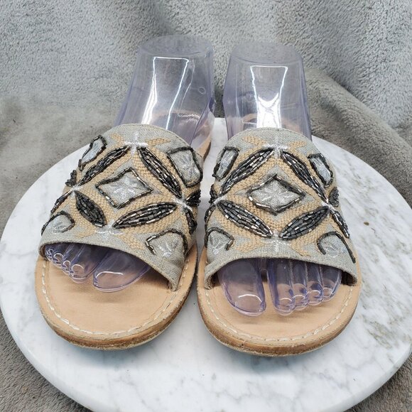 Lucca Lane Shoes Womens Size 8.5 Tan Canvas Valia Beaded Slide Sandals - Picture 7 of 11